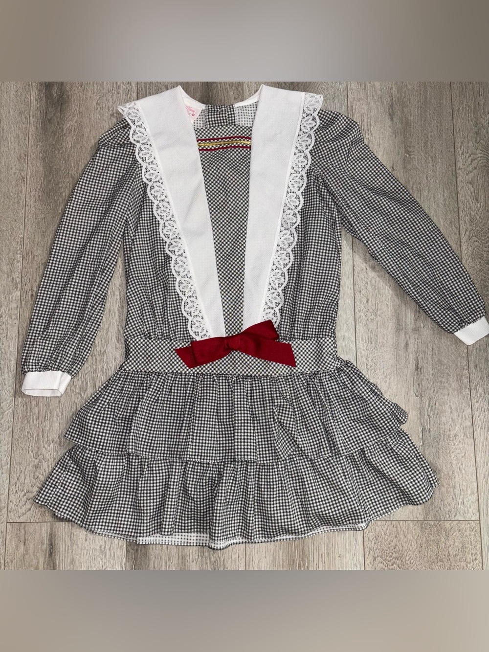 Vintage 80s Black & White Gingham Coquette Dress with Lace Sailor Collar Sz12